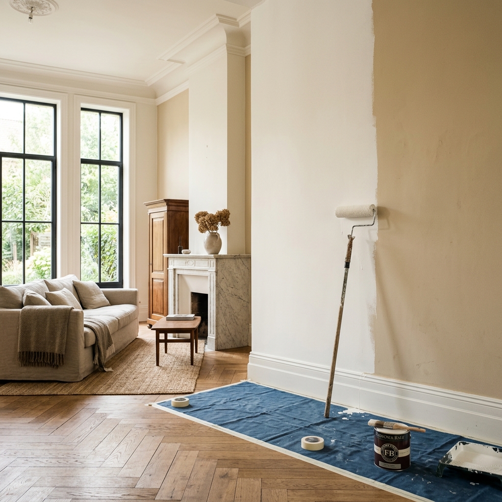 Salon belge élégant en cours de peinture – rouleau professionnel et pots Levis