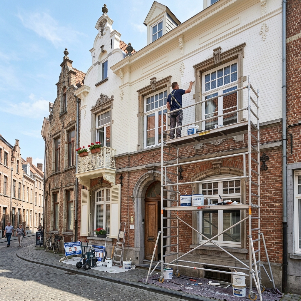 Peintre sur échafaudage peignant la façade d'une maison de maître belge traditionnelle