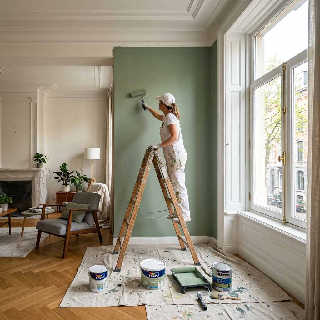 Peintre professionnelle appliquant de la peinture vert sauge dans un intérieur belge avec moulures